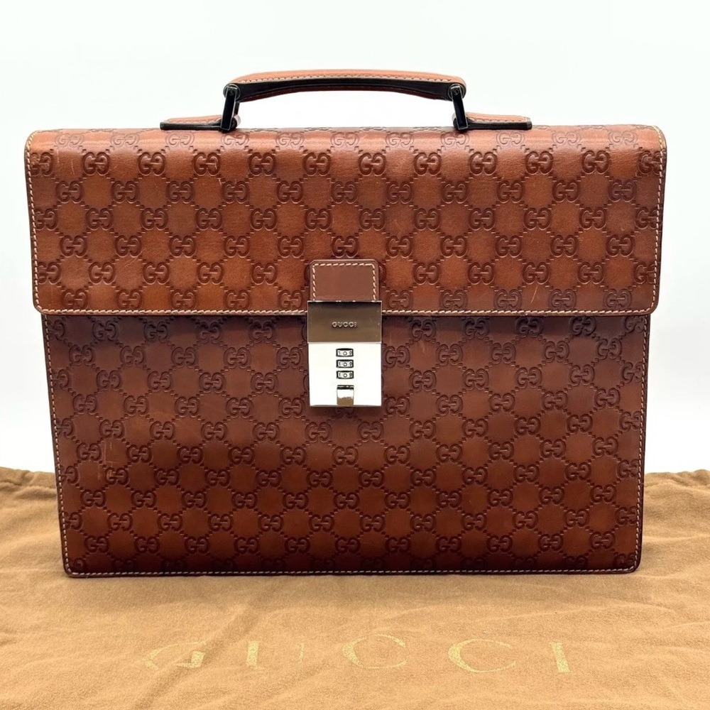 Gucci Embossed Monogram Brown Leather Briefcase with Silver Lock